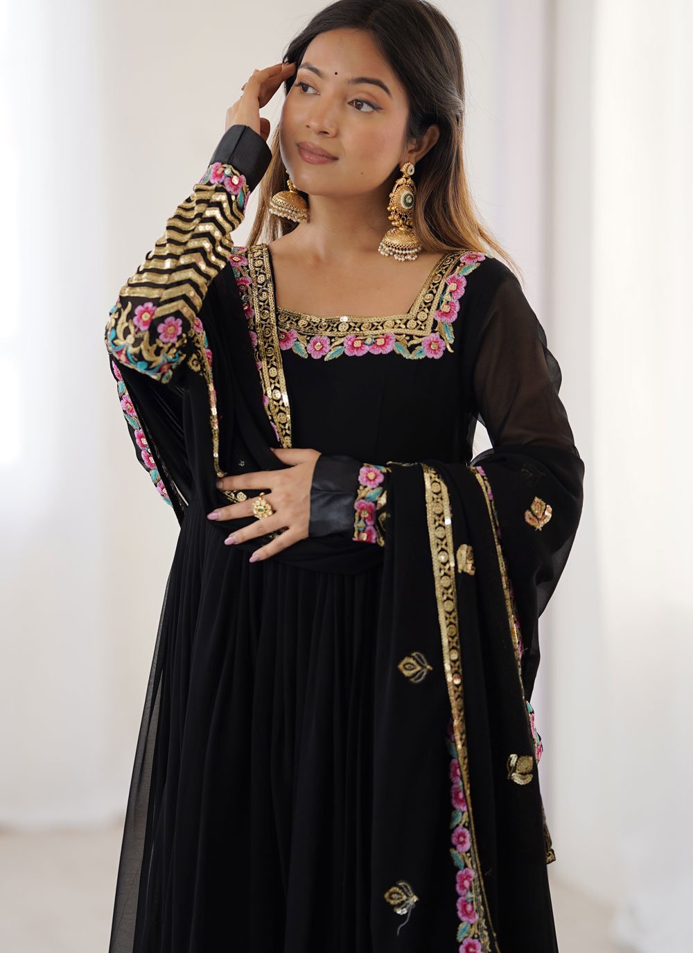 Black Georgette Embroidered Anarkali Suit with Dupatta and Bottom