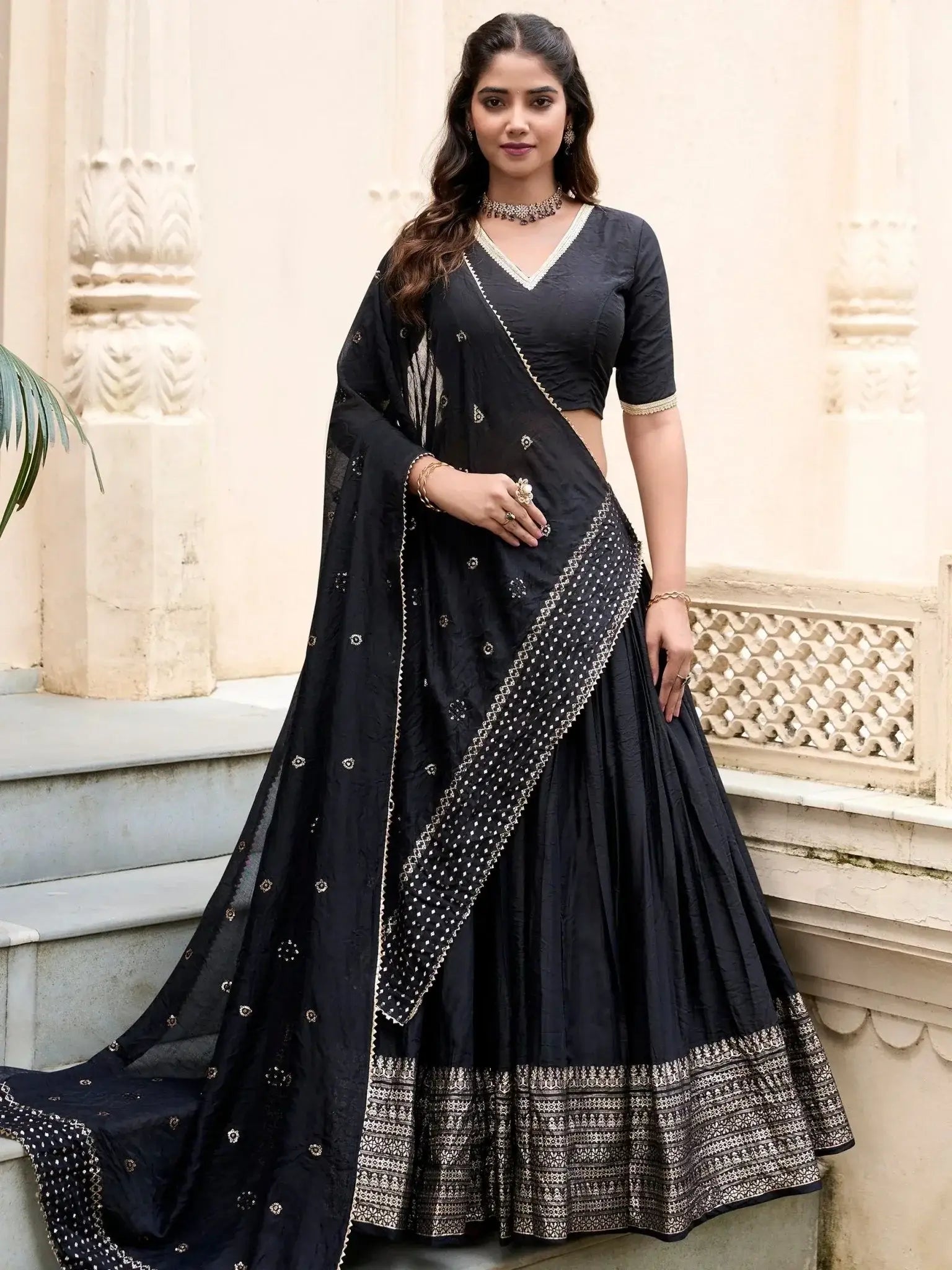 Black Pure Chanderi Plain Zari Weaving Lehenga Choli