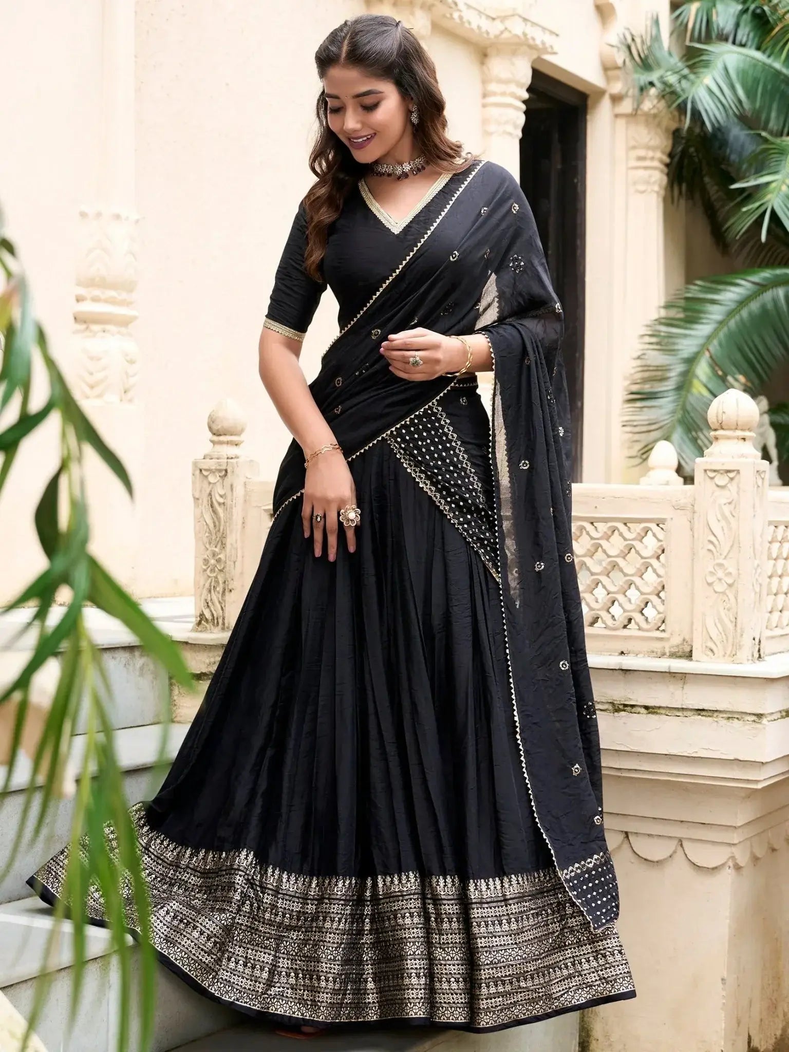Black Pure Chanderi Plain Zari Weaving Lehenga Choli