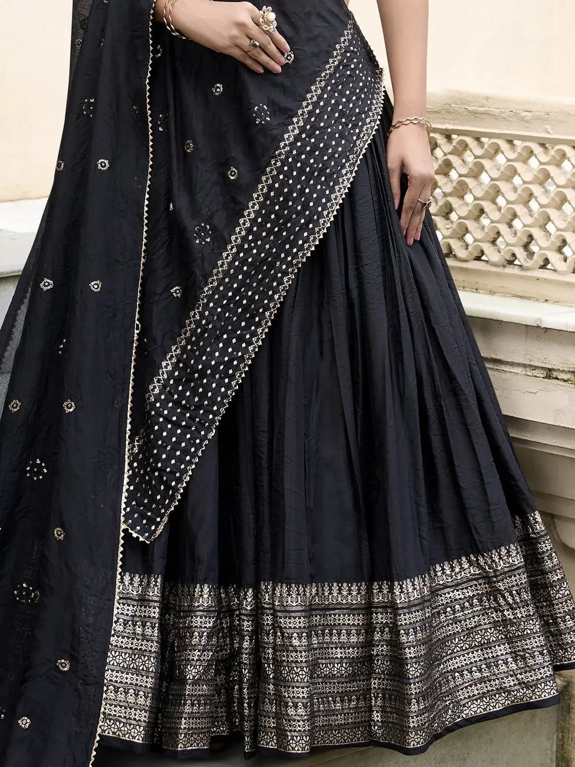 Black Pure Chanderi Plain Zari Weaving Lehenga Choli