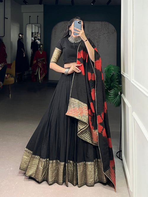 Black pure Chanderi zari weaving border Shibori print lehenga choli