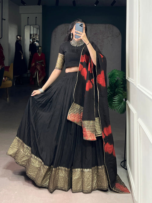Black pure Chanderi zari weaving border Shibori print lehenga choli