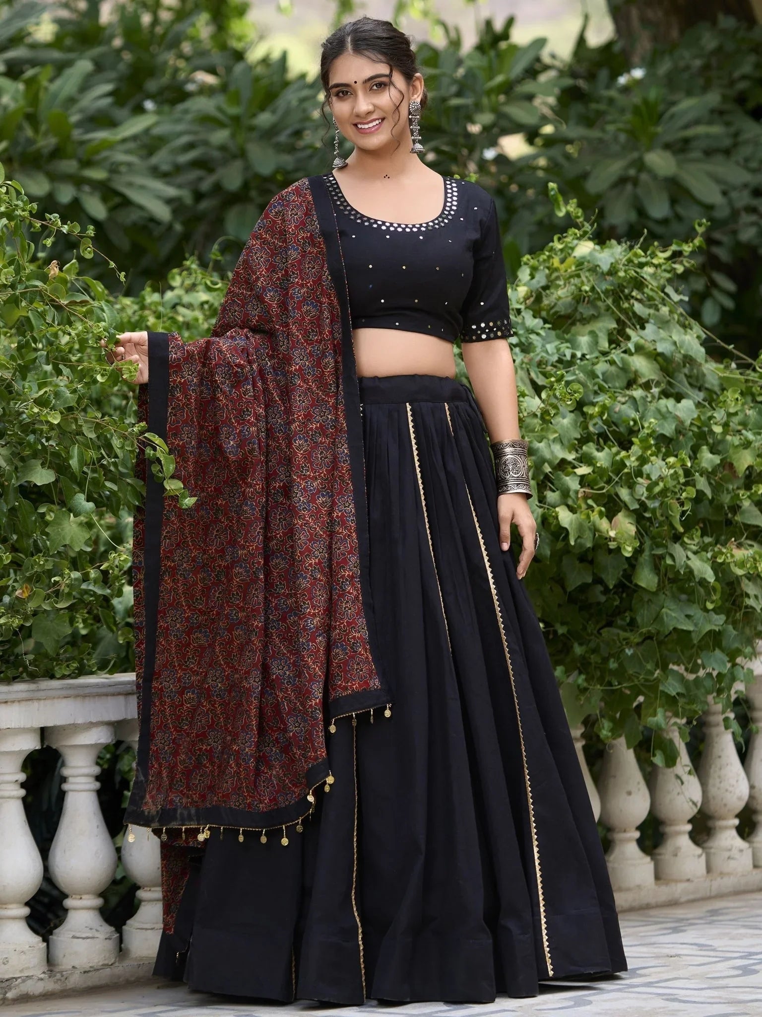 Black Pure Cotton Coin Lace Border Lehenga Choli with Purse