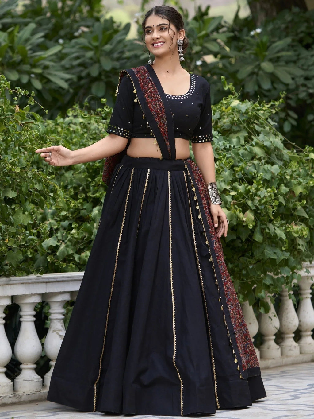 Black Pure Cotton Coin Lace Border Lehenga Choli with Purse