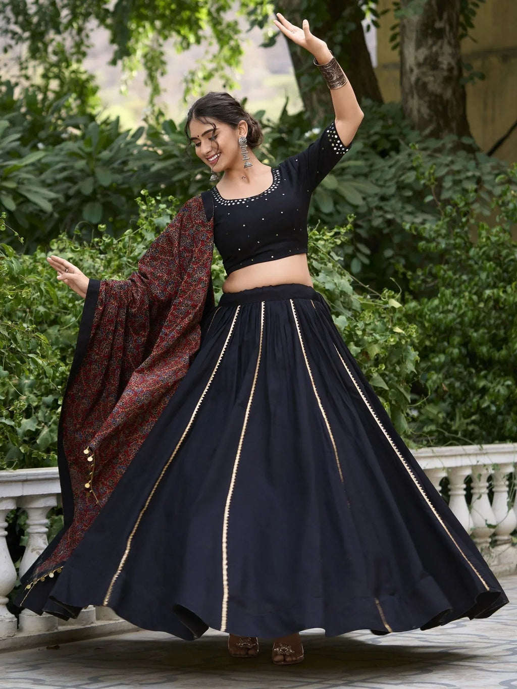 Black Pure Cotton Coin Lace Border Lehenga Choli with Purse