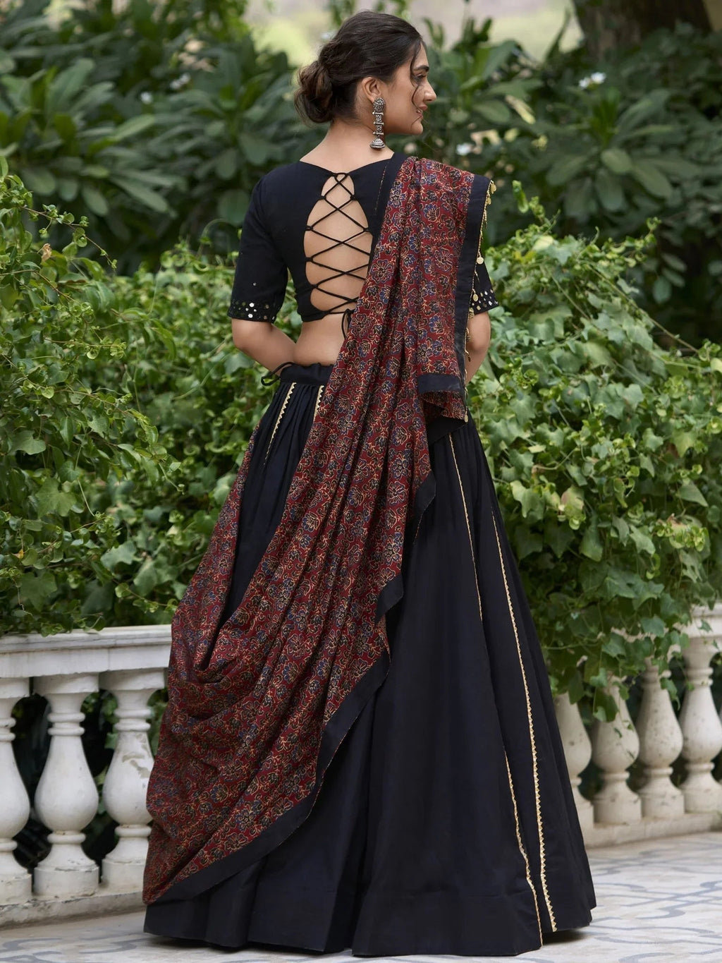 Black Pure Cotton Coin Lace Border Lehenga Choli with Purse