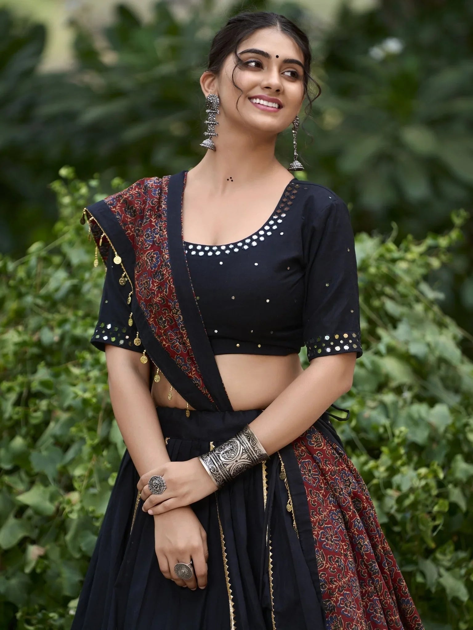 Black Pure Cotton Coin Lace Border Lehenga Choli with Purse