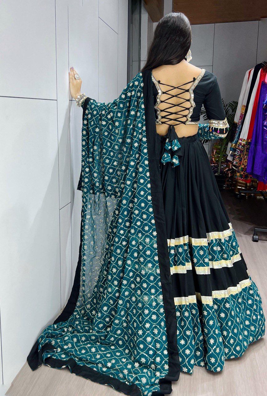 Black Pure Rayon Cotton Lehenga Choli with Sequence Embroidery Dupatta