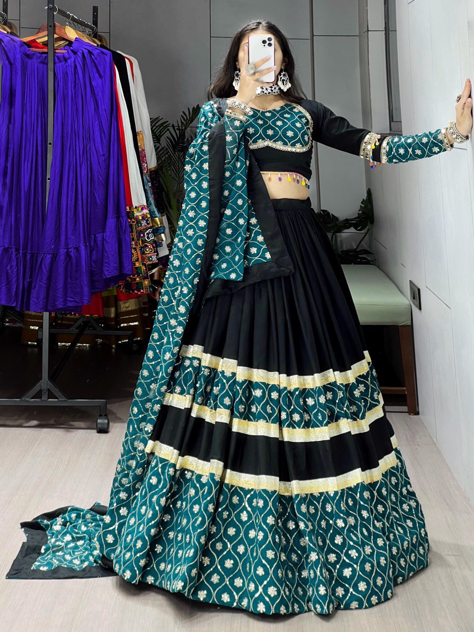 Black Pure Rayon Cotton Lehenga Choli with Sequence Embroidery Dupatta