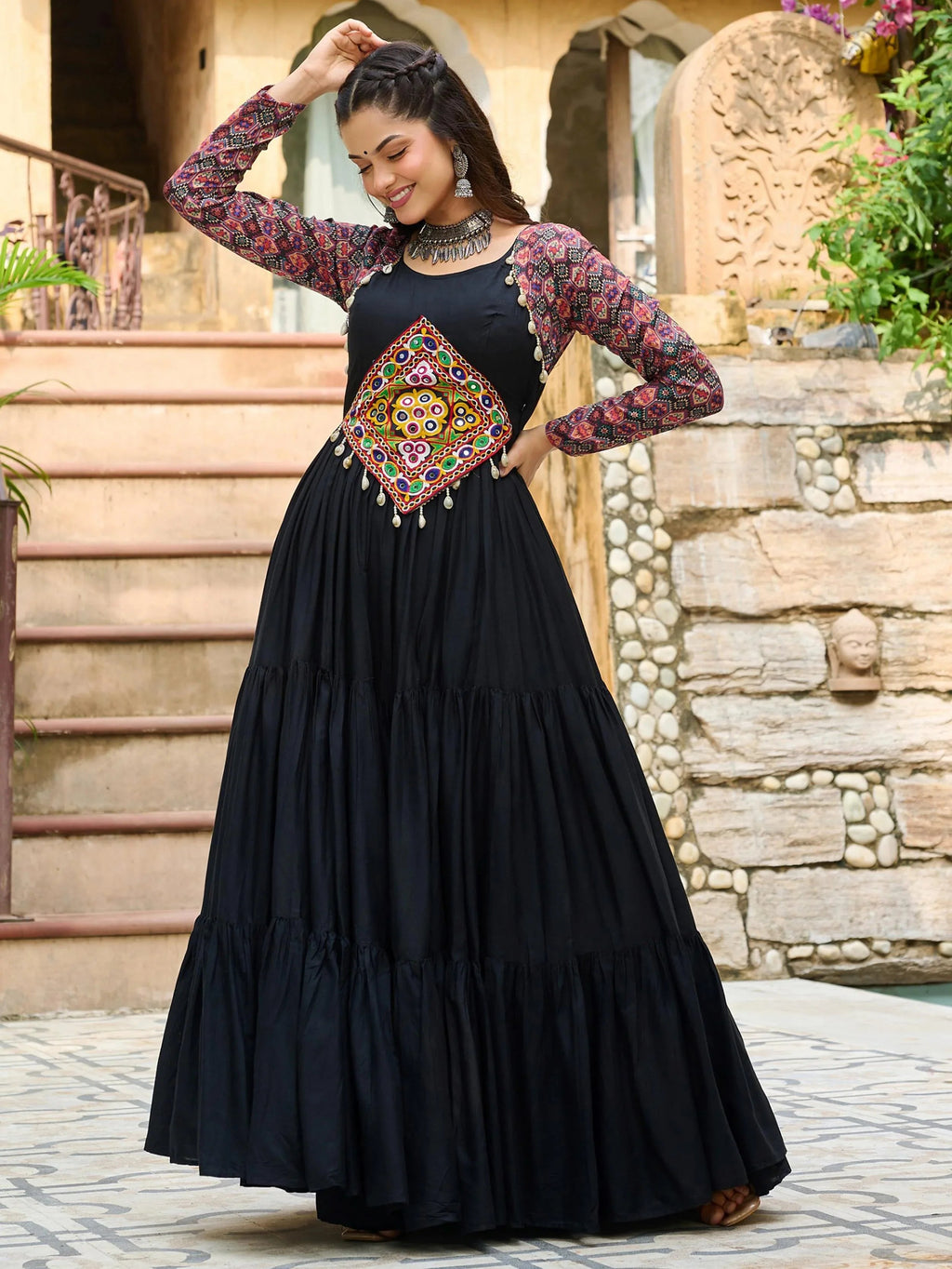 Black Pure Rayon Flair Kutchi Gamthi Embroidered Navratri Gown