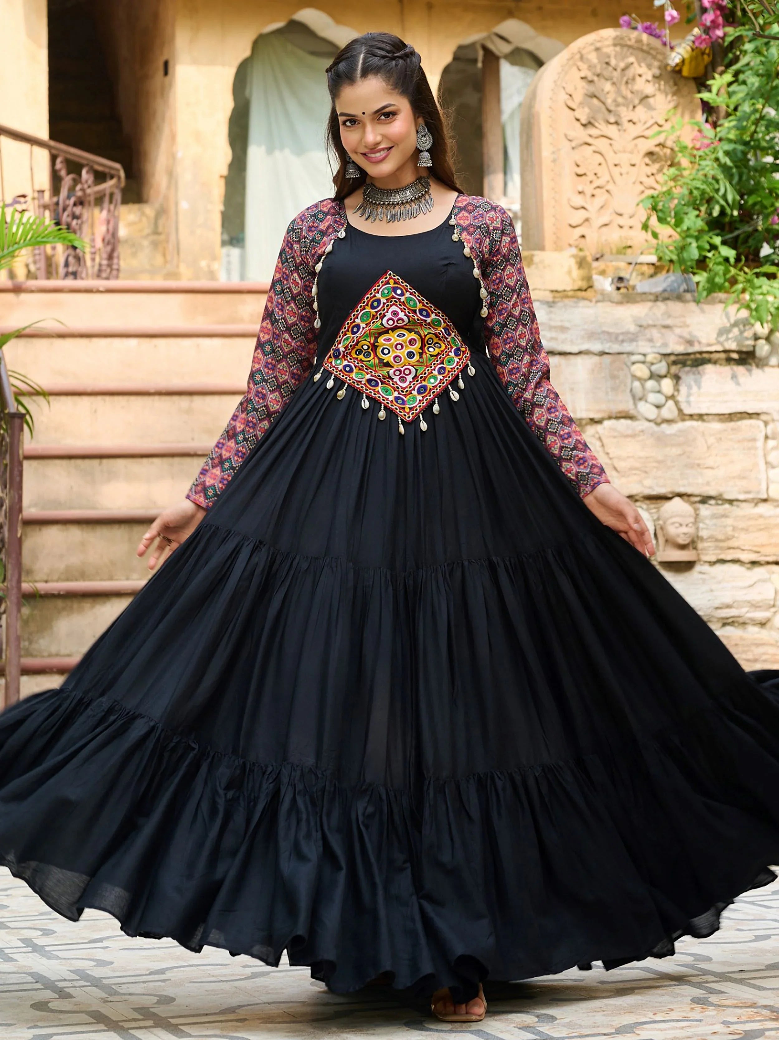 Black Pure Rayon Flair Kutchi Gamthi Embroidered Navratri Gown