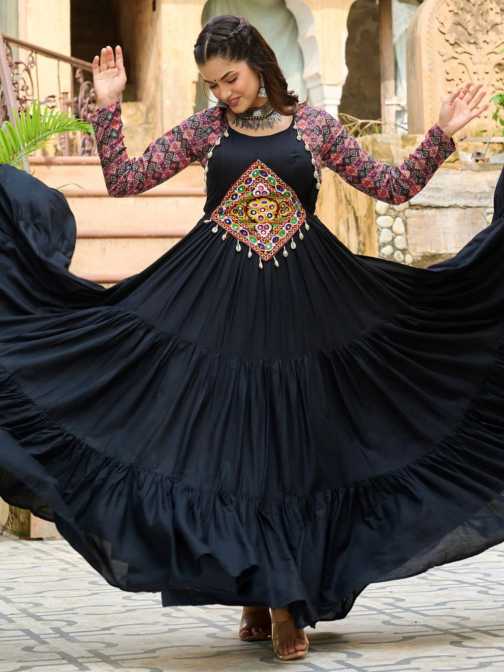 Black Pure Rayon Flair Kutchi Gamthi Embroidered Navratri Gown