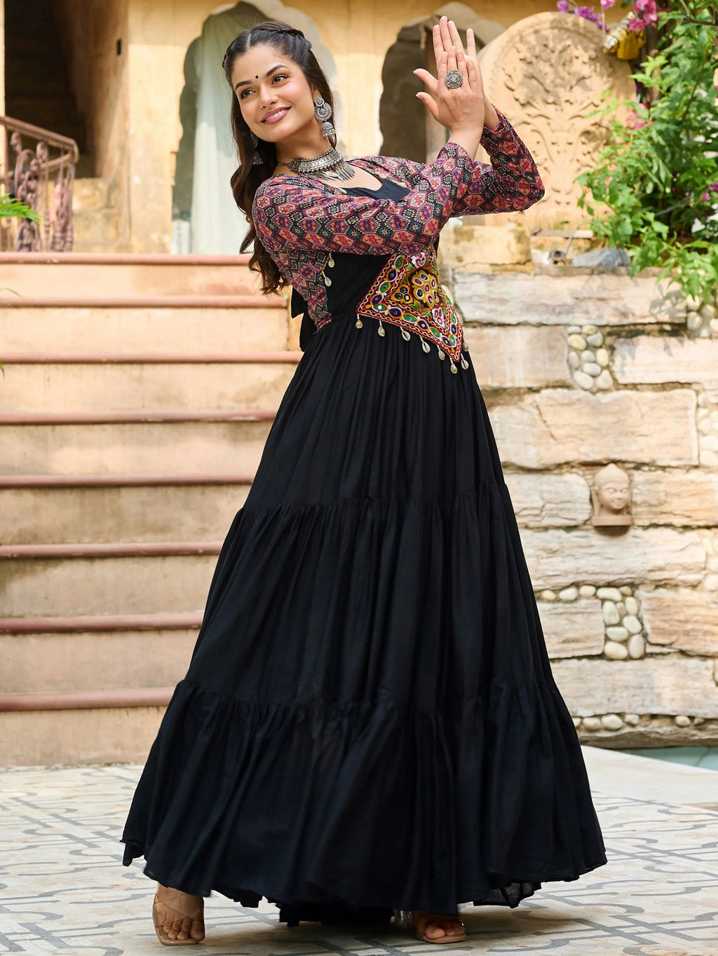 Black Pure Rayon Flair Kutchi Gamthi Embroidered Navratri Gown