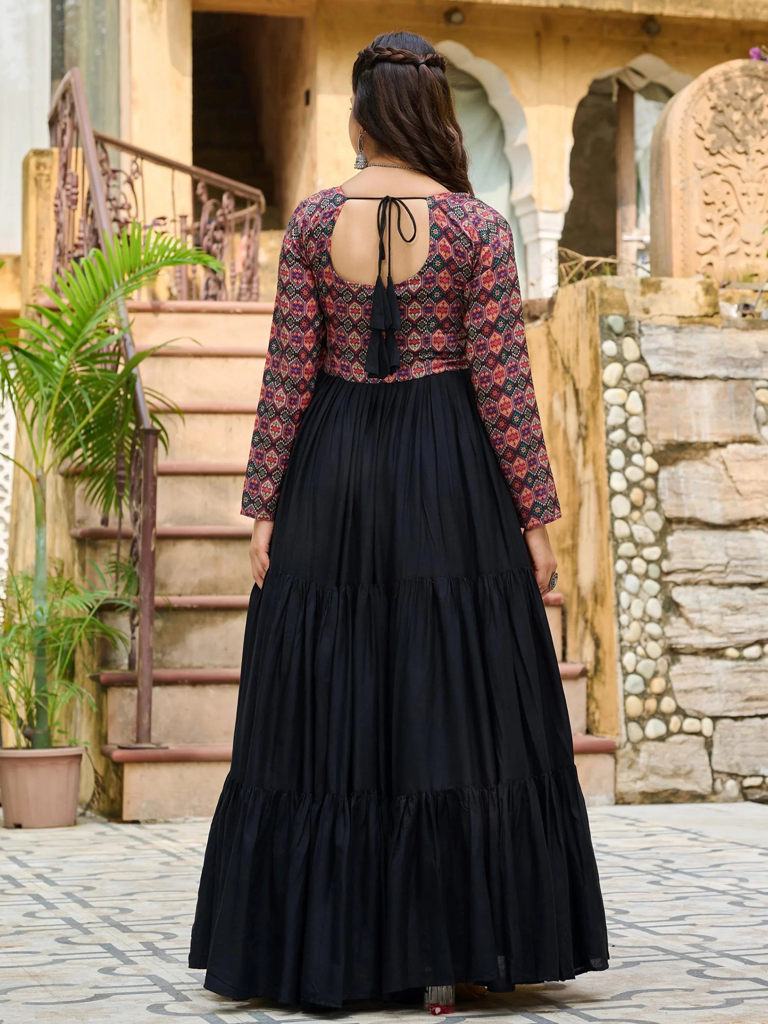 Black Pure Rayon Flair Kutchi Gamthi Embroidered Navratri Gown