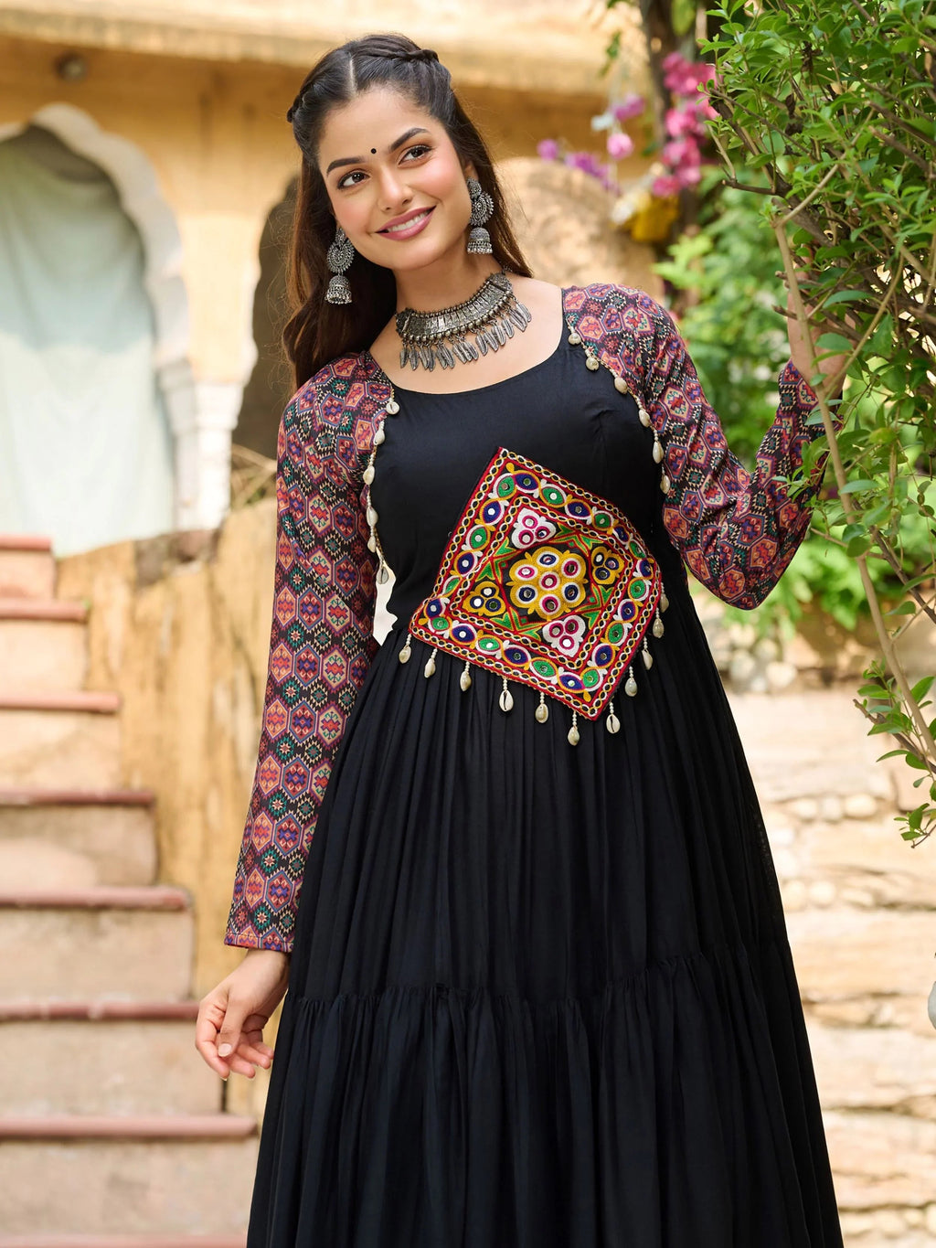 Black Pure Rayon Flair Kutchi Gamthi Embroidered Navratri Gown
