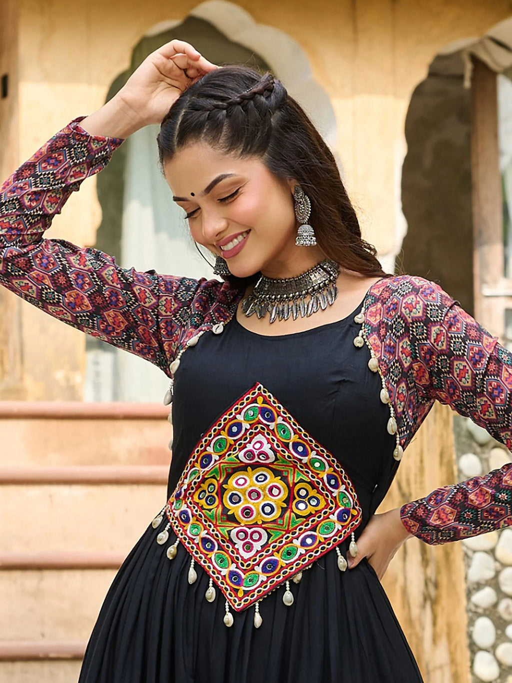 Black Pure Rayon Flair Kutchi Gamthi Embroidered Navratri Gown