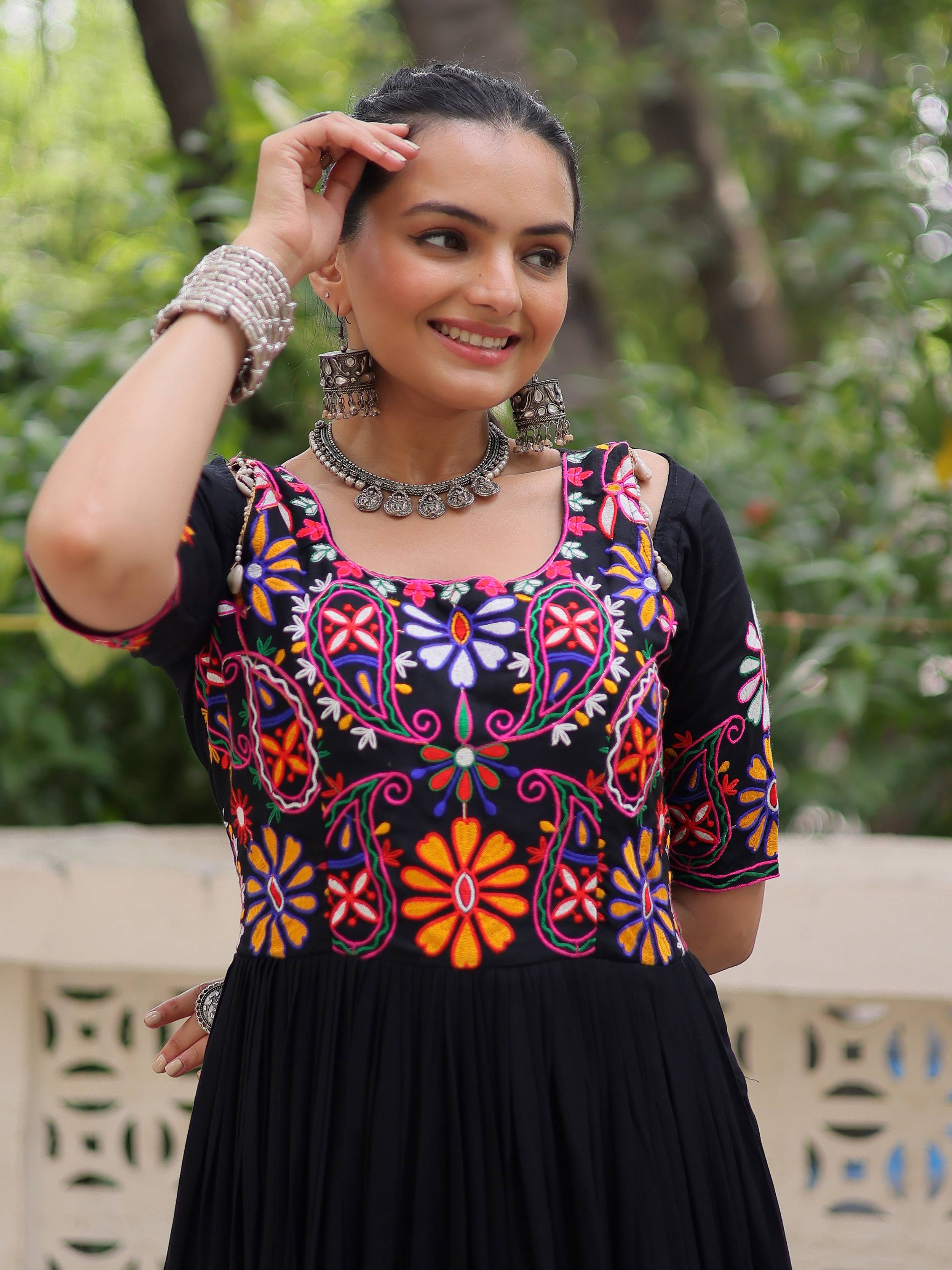 Black Pure Rayon Kutchi Gamthi Embroidered Thread Work Gown