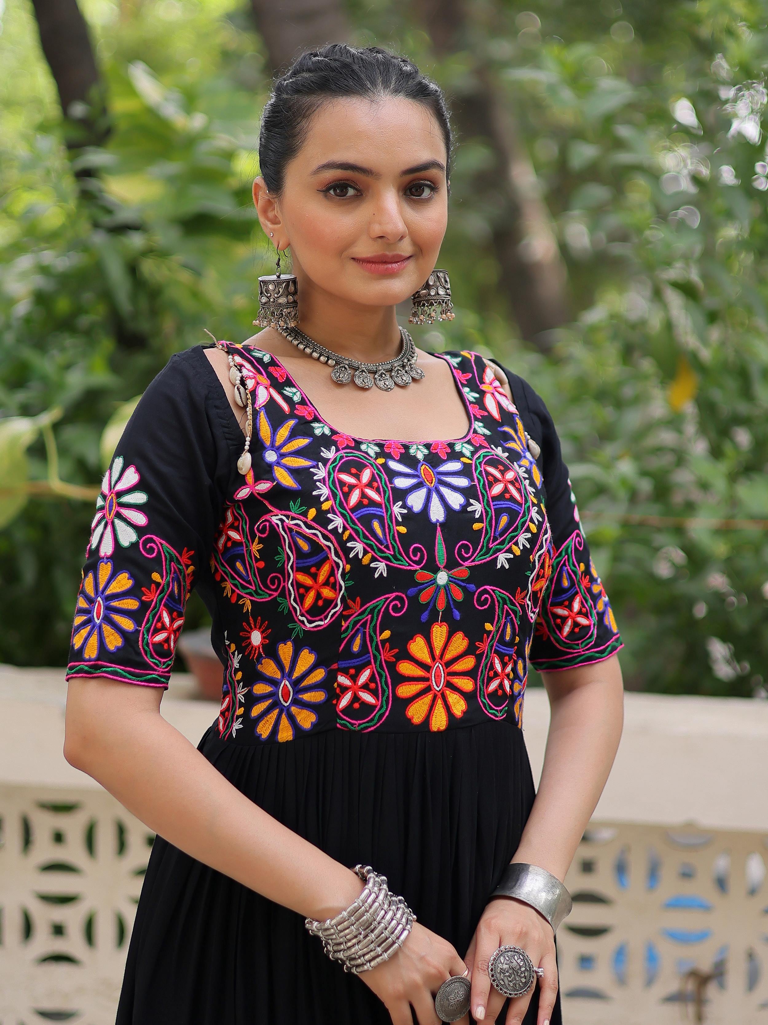 Black Pure Rayon Kutchi Gamthi Embroidered Thread Work Gown