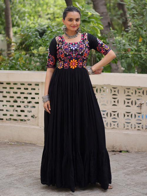 Black pure rayon Kutchi Gamthi embroidered thread work gown