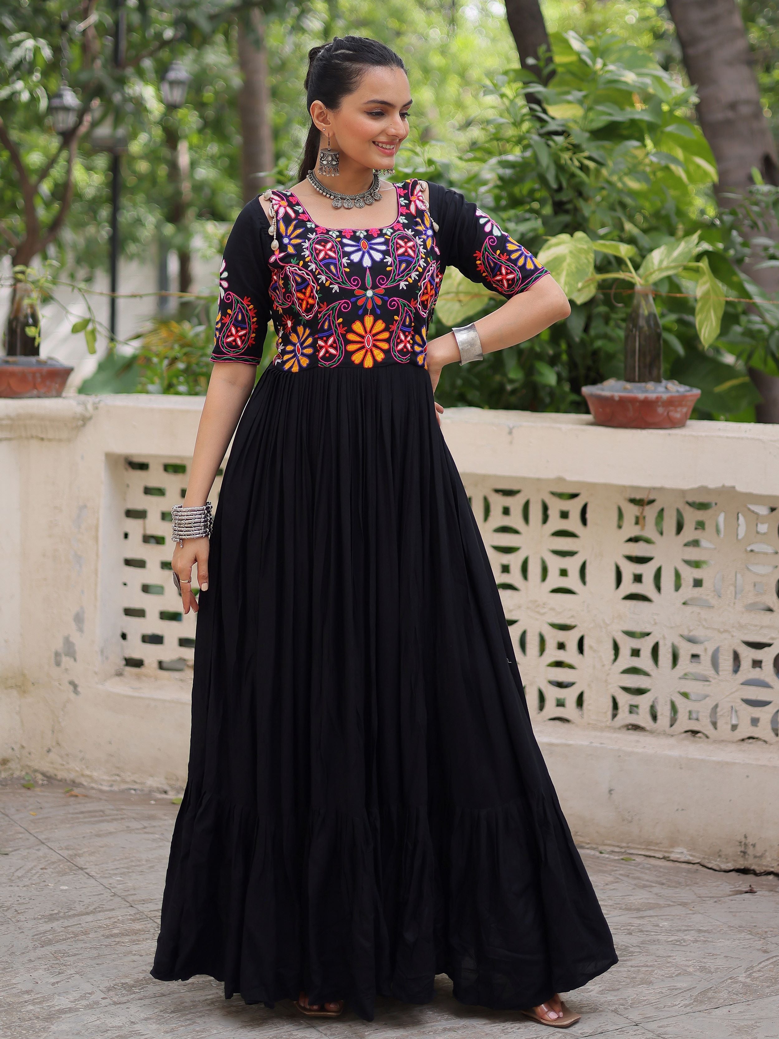 Black Pure Rayon Kutchi Gamthi Embroidered Thread Work Gown
