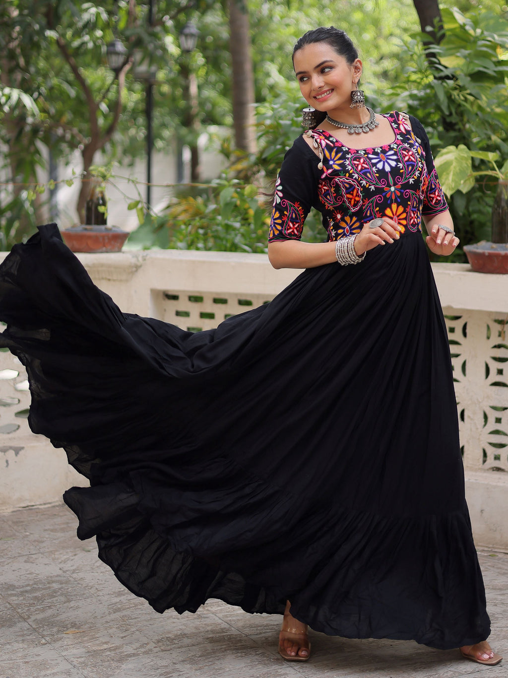 Black Pure Rayon Kutchi Gamthi Embroidered Thread Work Gown