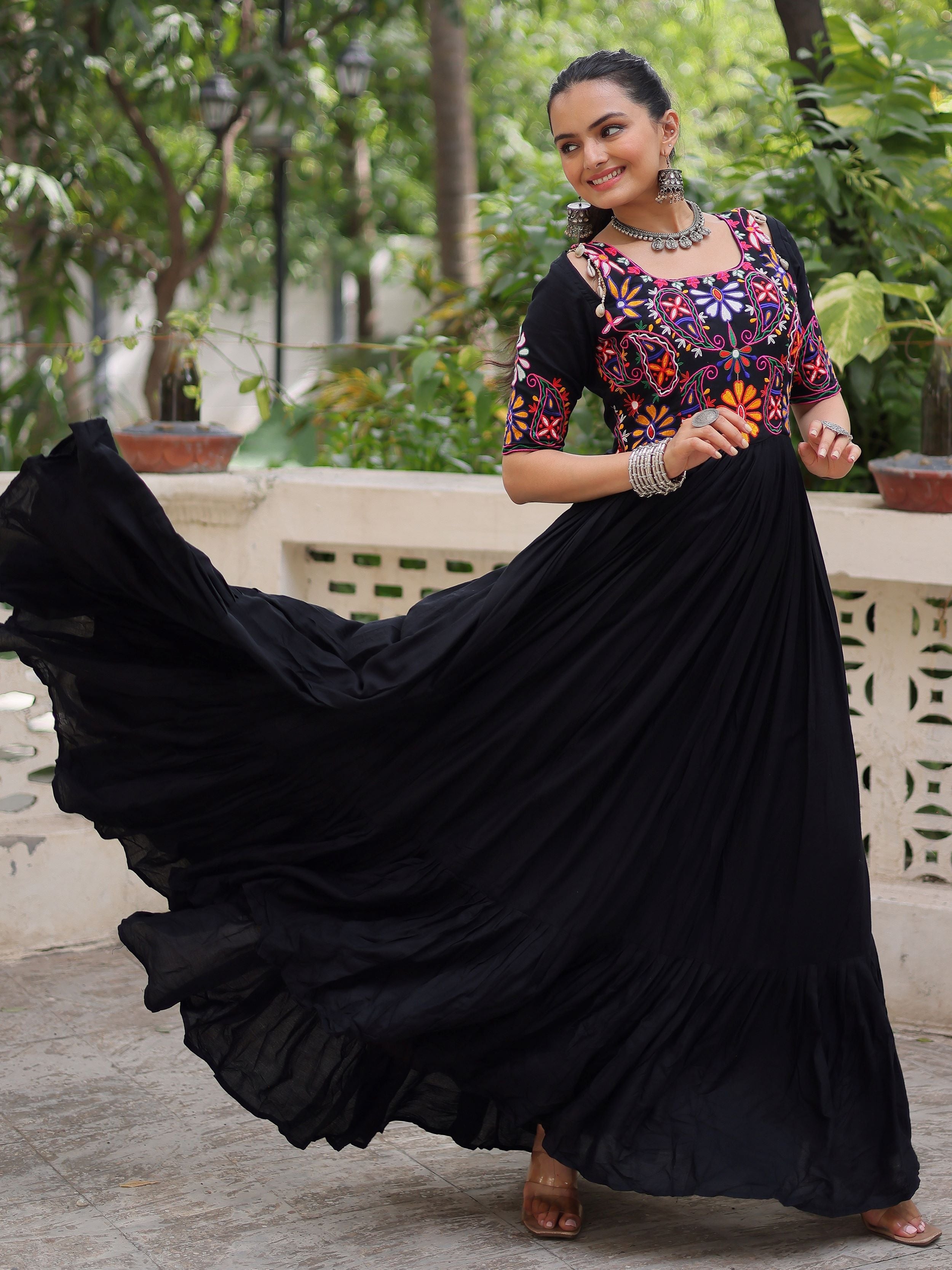 Black Pure Rayon Kutchi Gamthi Embroidered Thread Work Gown