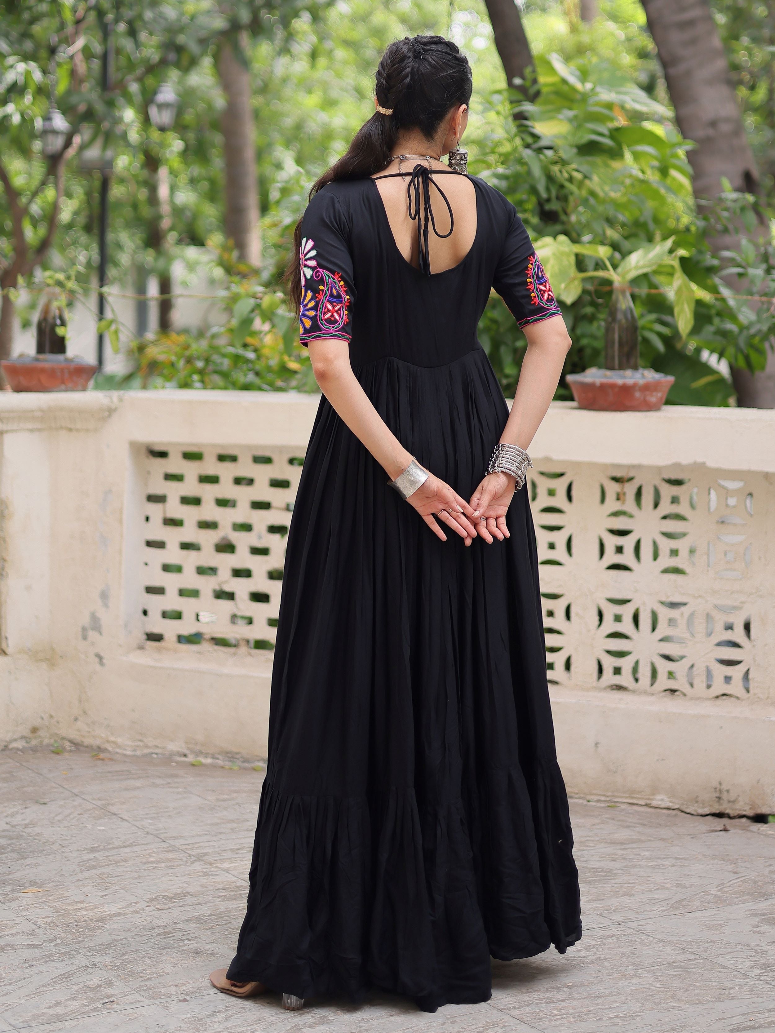 Black Pure Rayon Kutchi Gamthi Embroidered Thread Work Gown
