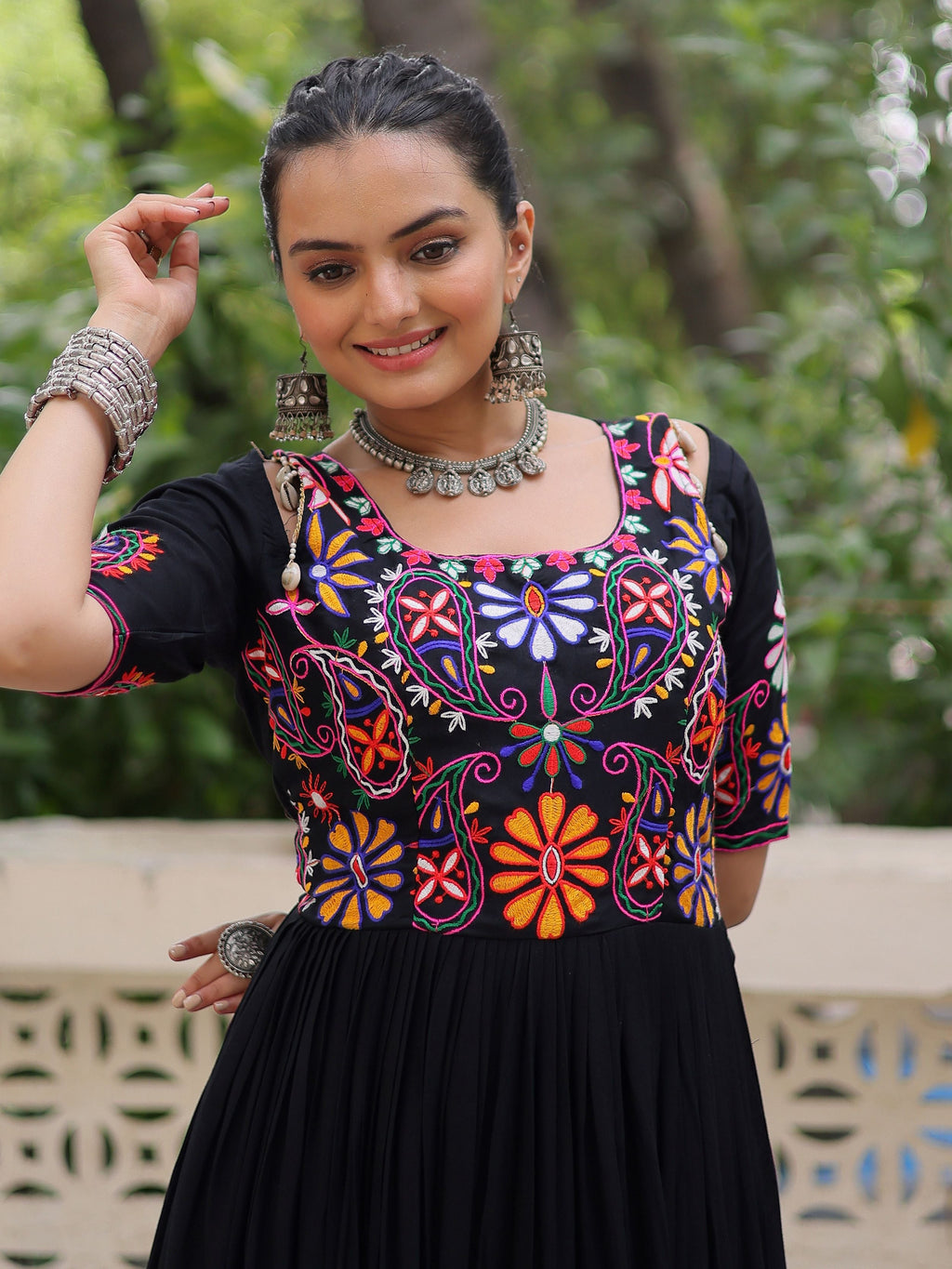 Black Pure Rayon Kutchi Gamthi Embroidered Thread Work Gown