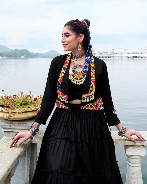 Black pure rayon lehenga with mirror Gamthi work blouse and koti