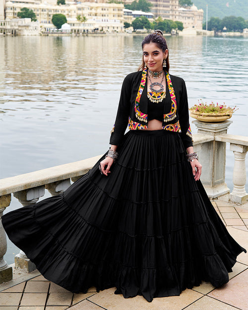 Black pure rayon lehenga with mirror Gamthi work blouse and koti