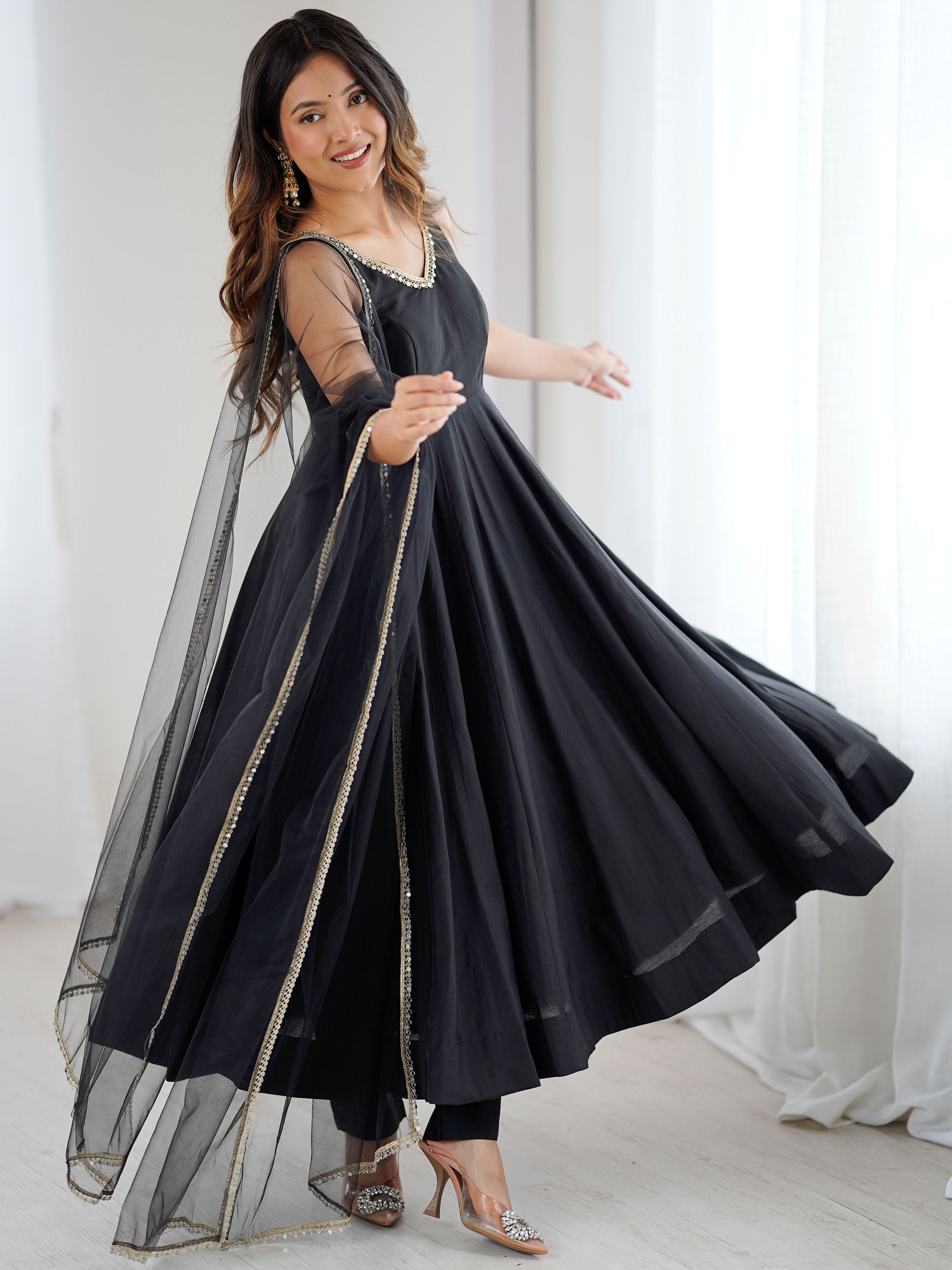 black colour anarkali dress Black Roman Silk Chanderi Mirror Lace Anarkali Suit with Dupatta S