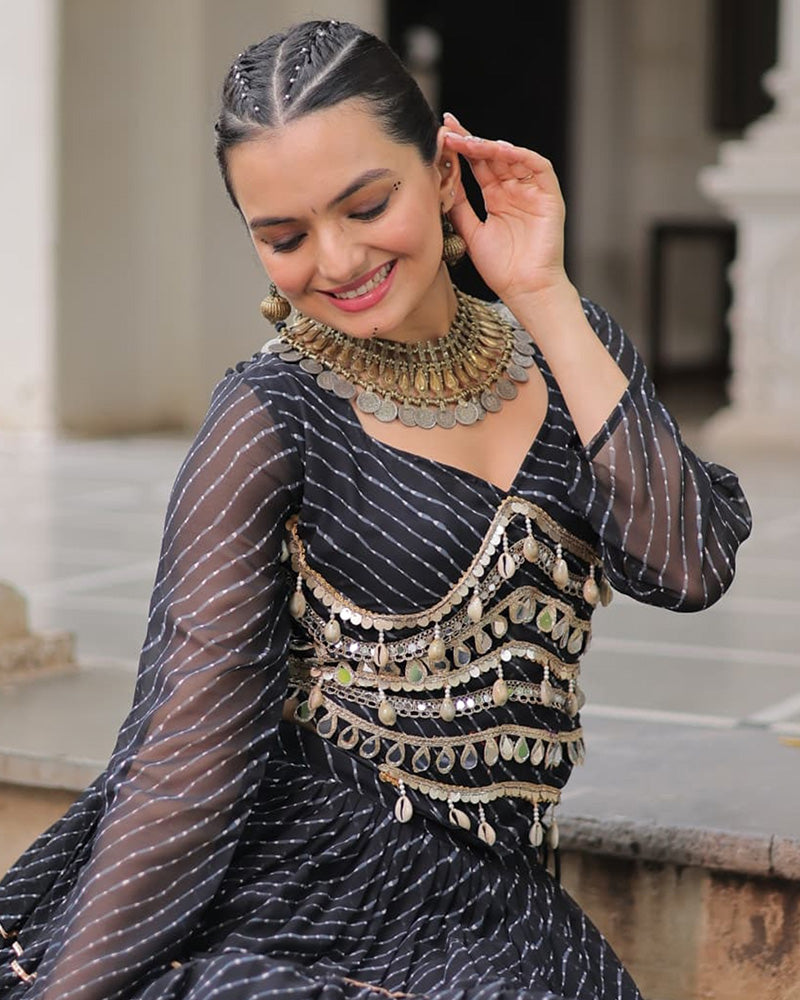 Black Soft Georgette Gota Patti Lace Bandhej Leheriya Print Lehenga Choli