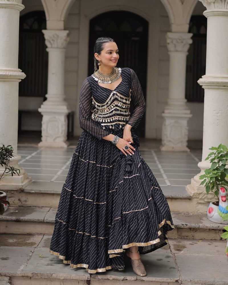 Black Soft Georgette Gota Patti Lace Bandhej Leheriya Print Lehenga Choli