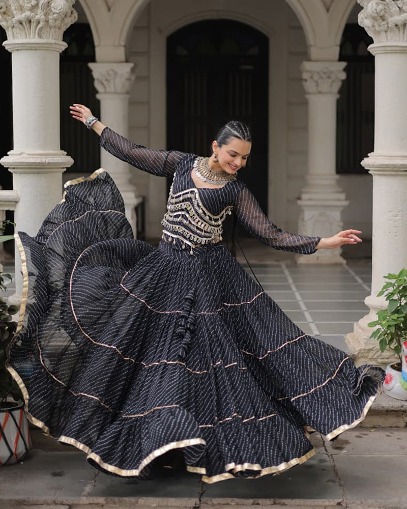 Black Soft Georgette Gota Patti Lace Bandhej Leheriya Print Lehenga Choli