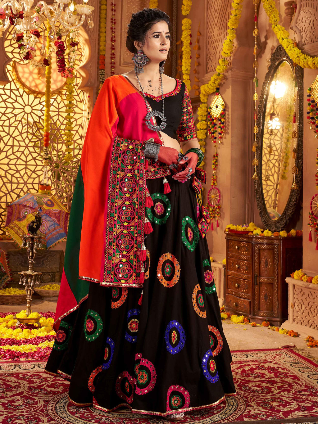 Black Viscose Cotton Mirror Thread Embroidery Work Navratri Lehenga Choli