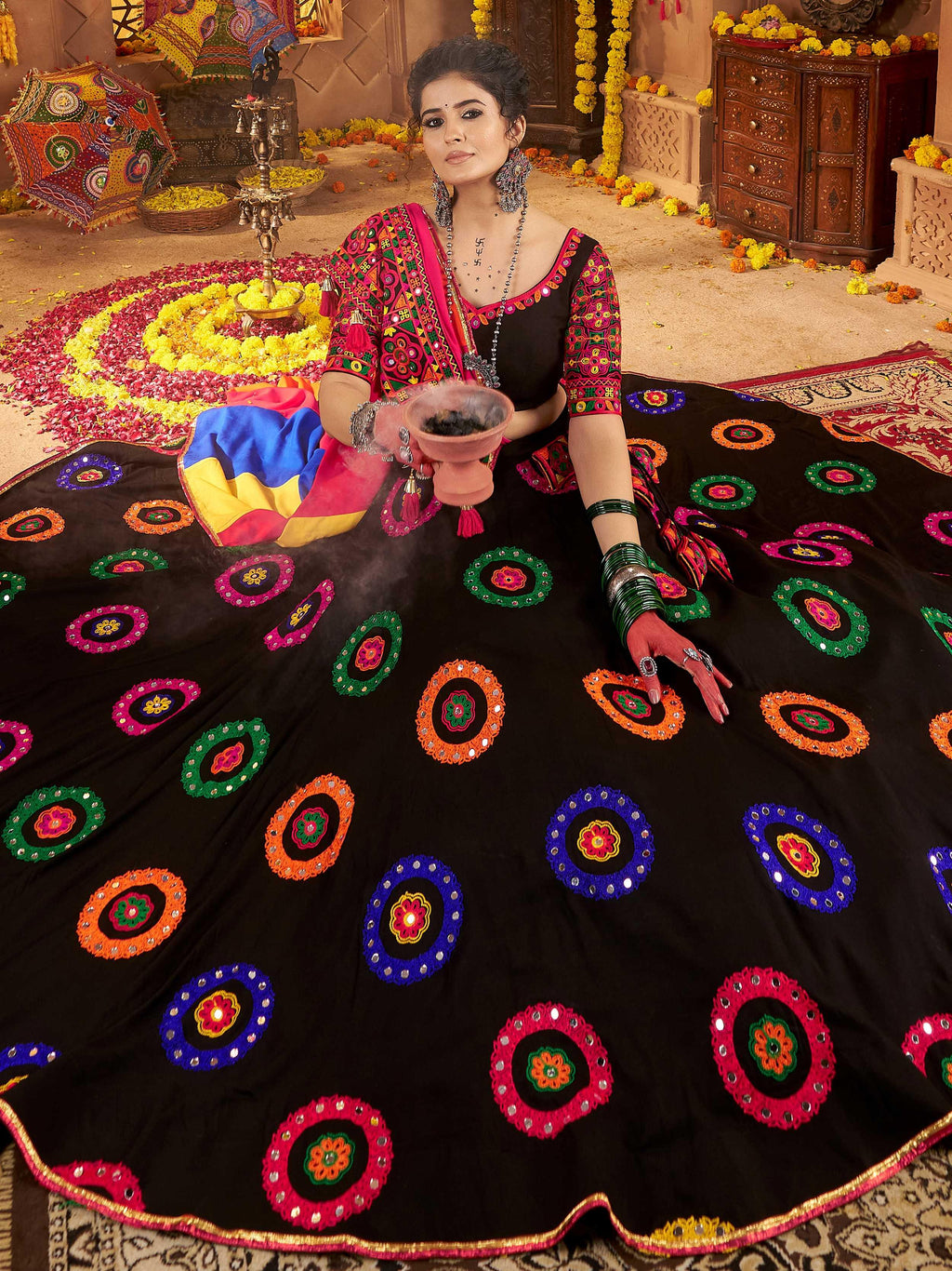 Black Viscose Cotton Mirror Thread Embroidery Work Navratri Lehenga Choli