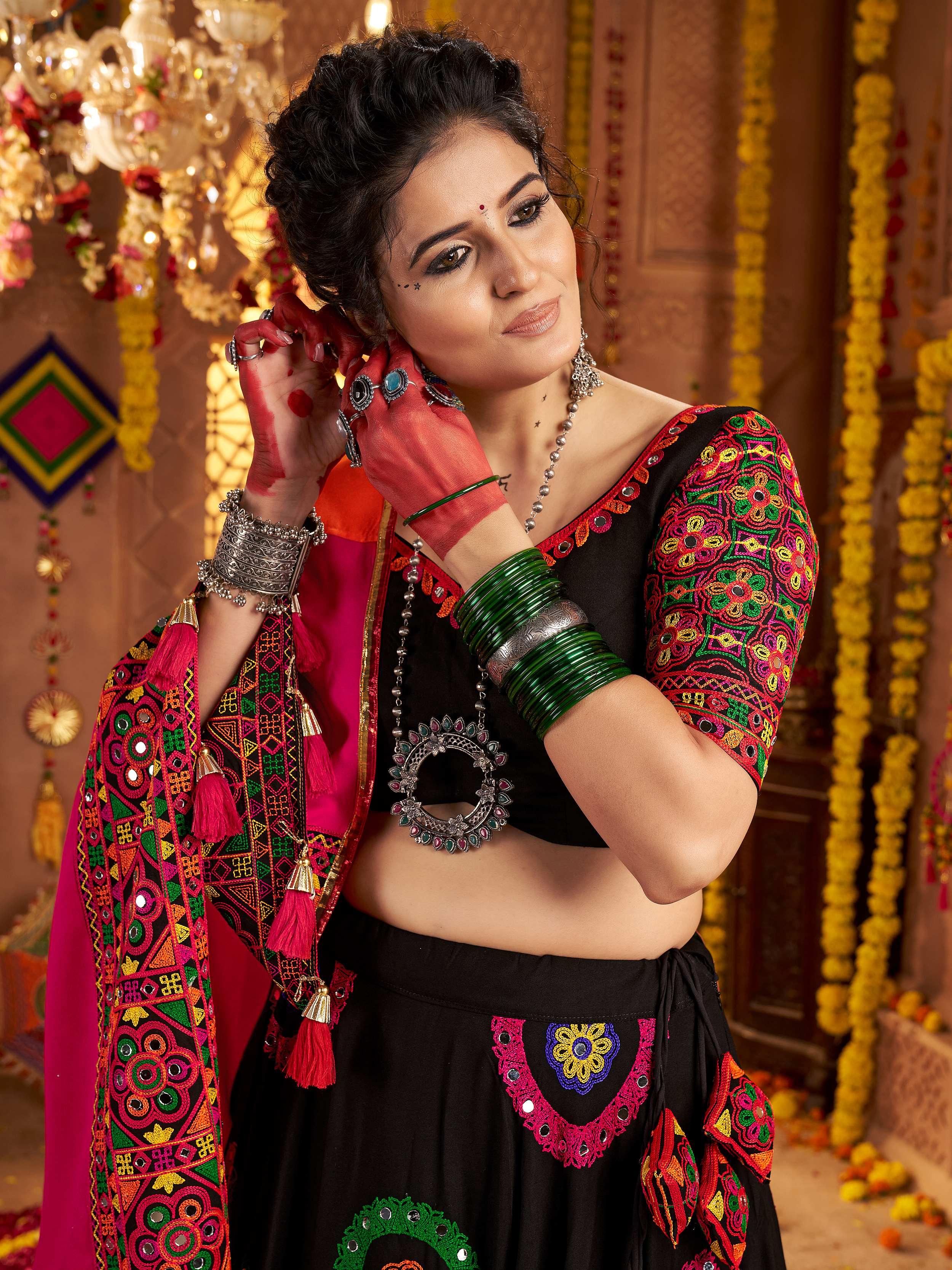 Black Viscose Cotton Mirror Thread Embroidery Work Navratri Lehenga Choli