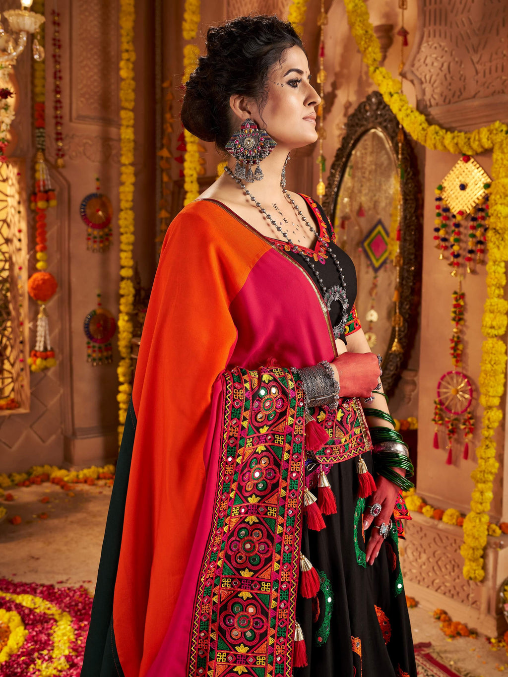 Black Viscose Cotton Mirror Thread Embroidery Work Navratri Lehenga Choli