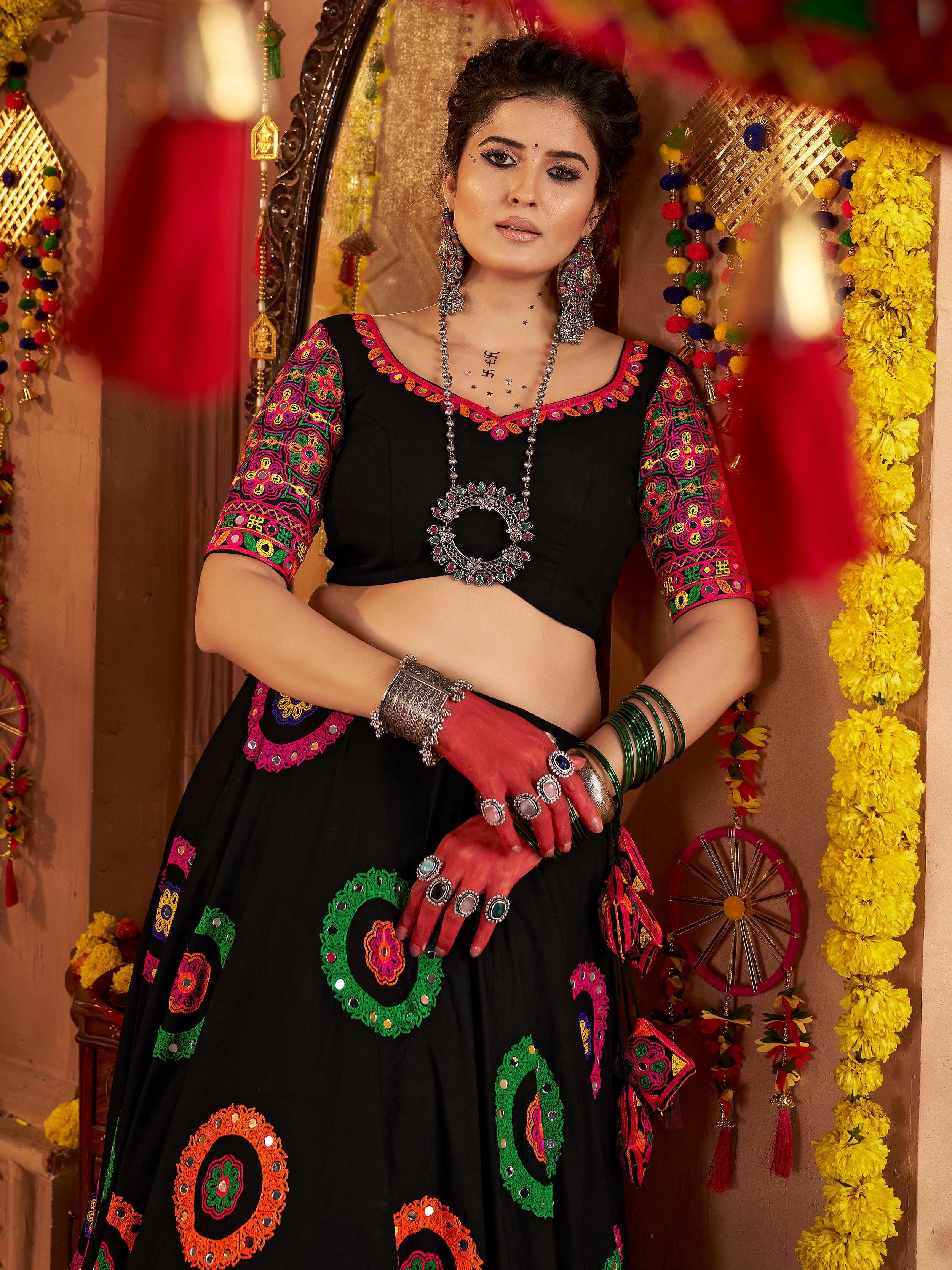 Black Viscose Cotton Mirror Thread Embroidery Work Navratri Lehenga Choli