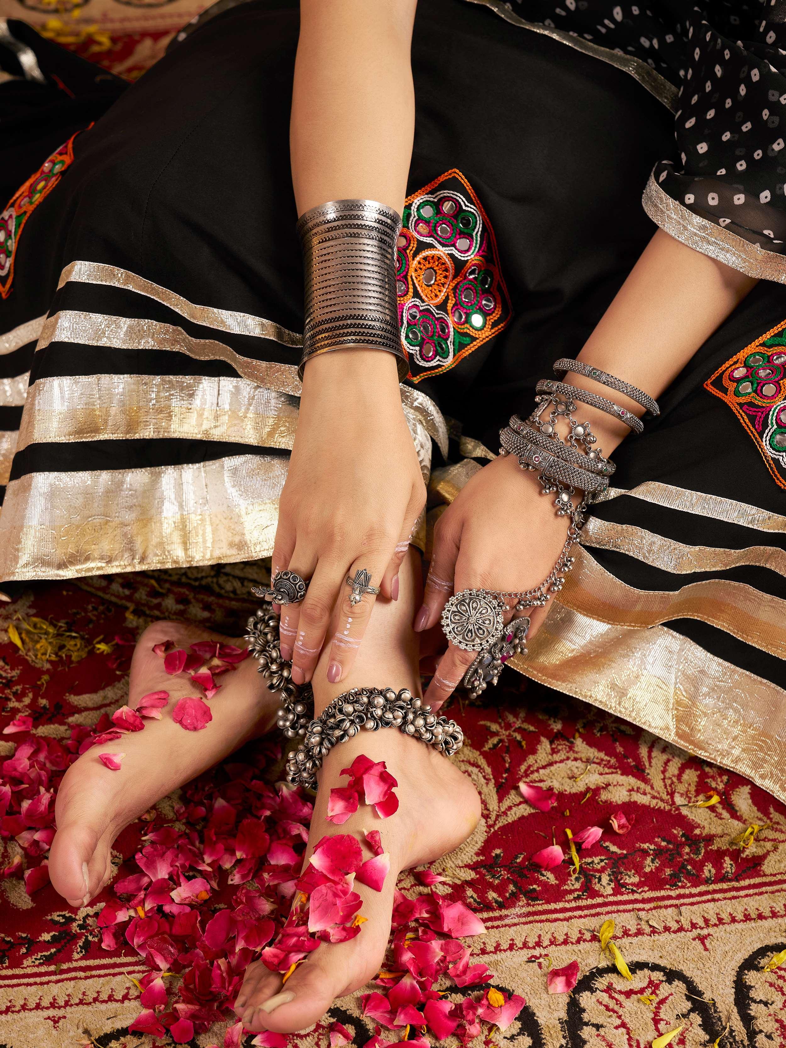 Black Viscose Rayon Mirror and Thread Embroidered Navratri Lehenga Choli