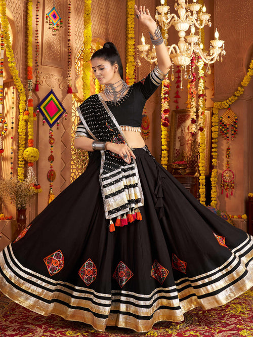 Black viscose rayon mirror and thread embroidered Navratri lehenga choli