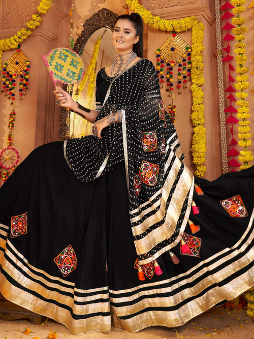 Black viscose rayon mirror and thread embroidered Navratri lehenga choli