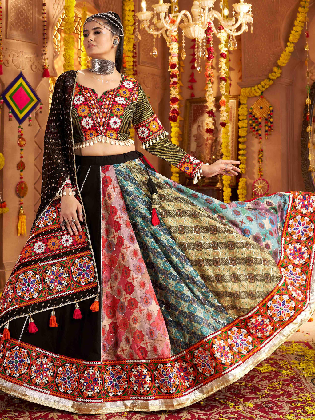 Black Viscose Rayon Mirror Embroidered Navratri Lehenga Choli