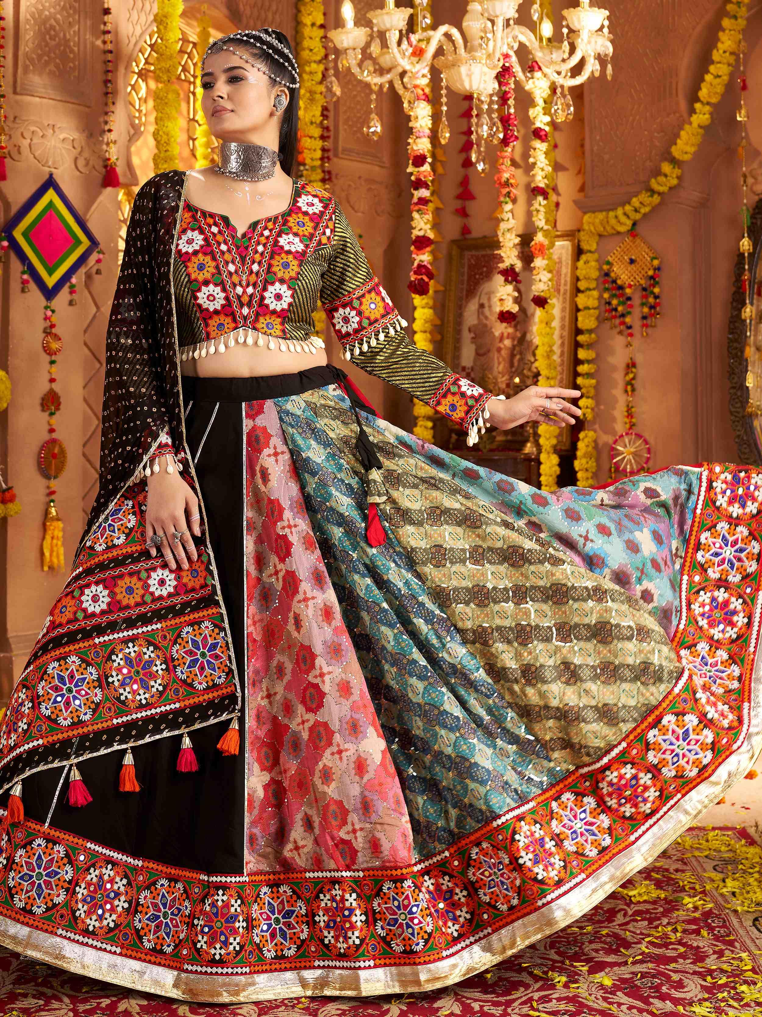 Black Viscose Rayon Mirror Embroidered Navratri Lehenga Choli