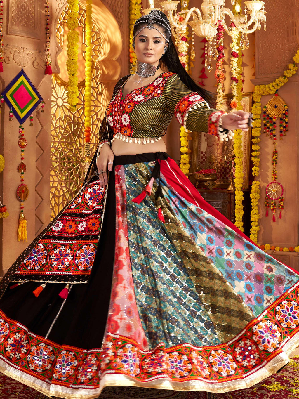 Black Viscose Rayon Mirror Embroidered Navratri Lehenga Choli