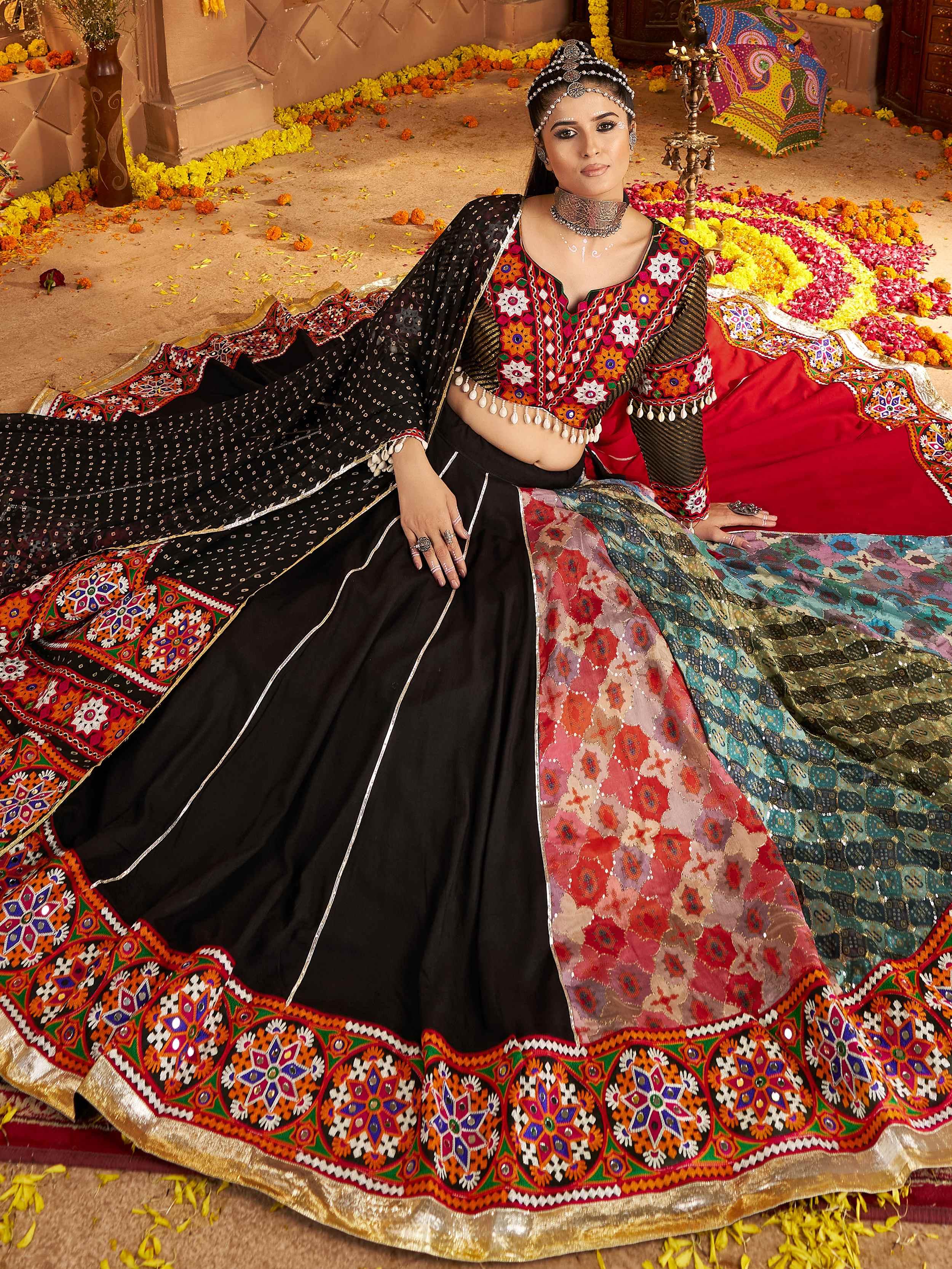 Black Viscose Rayon Mirror Embroidered Navratri Lehenga Choli