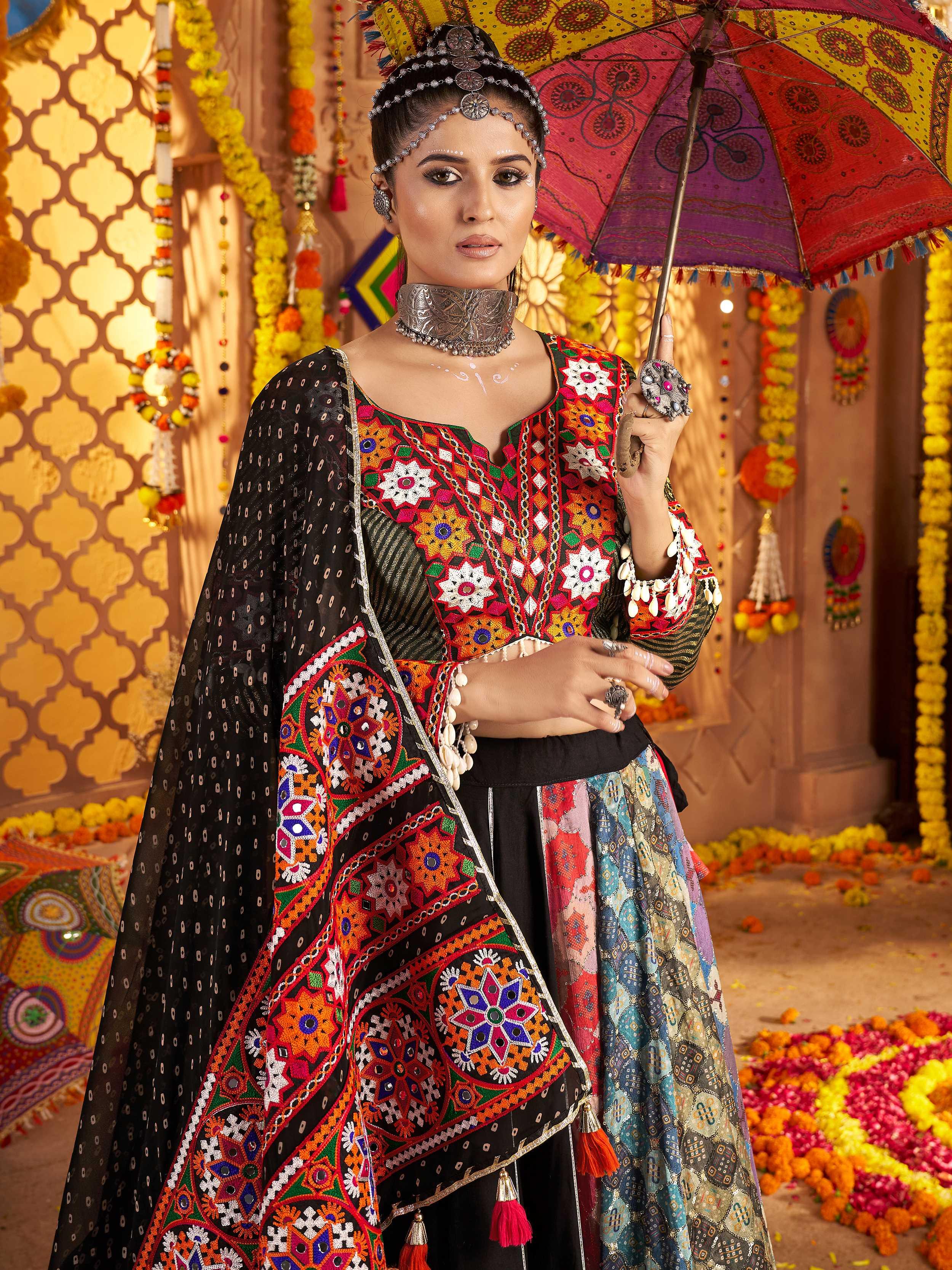 Black Viscose Rayon Mirror Embroidered Navratri Lehenga Choli