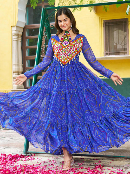 Blue Bandhani print georgette Kutchi patchwork flair Navratri gown