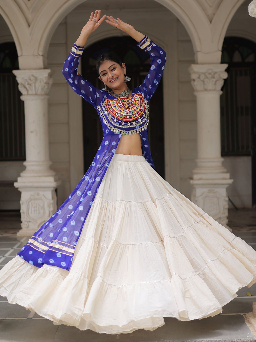 Blue bandhani print kurti with kutchi patchwork kora cotton lehenga