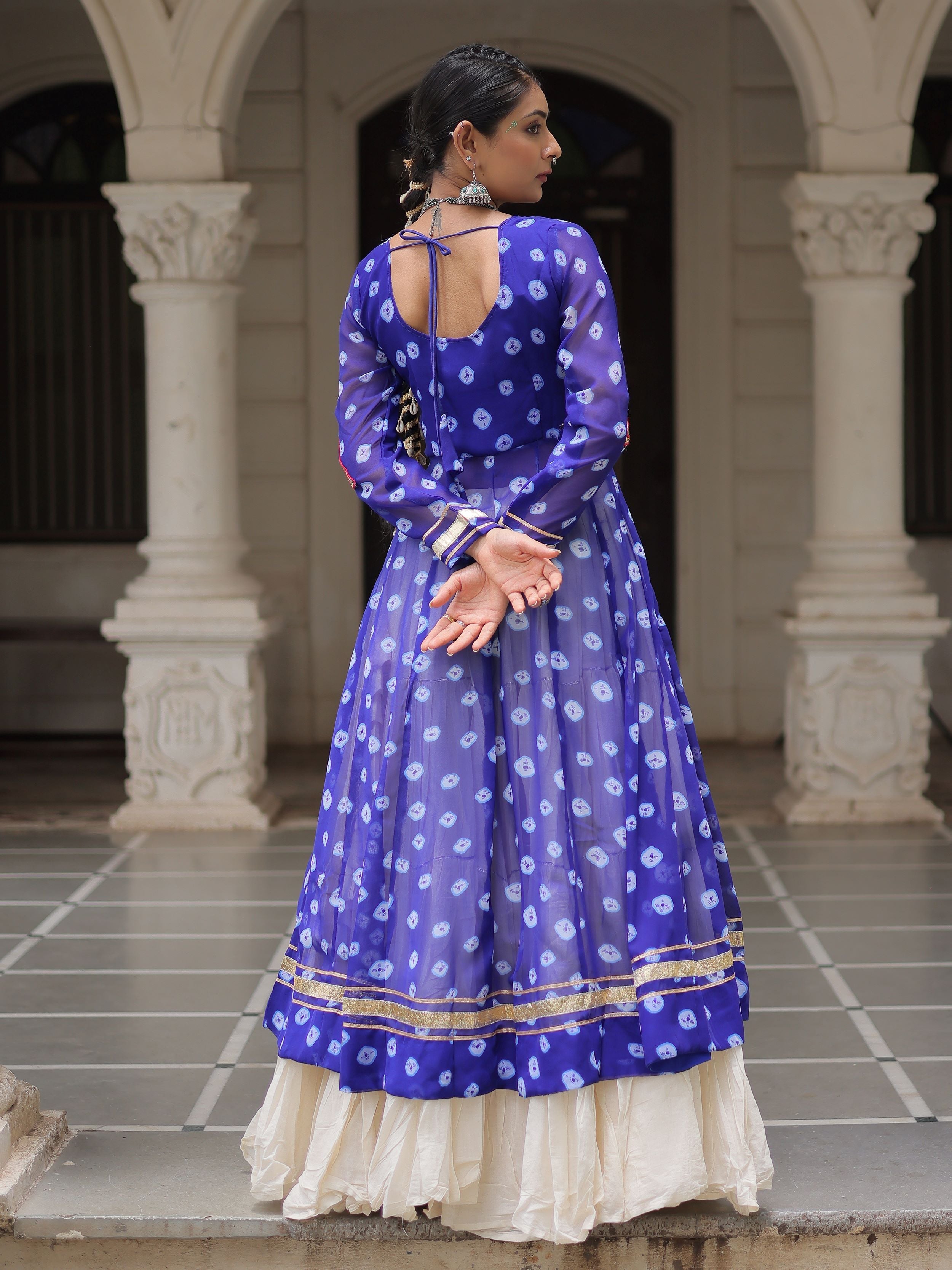 Blue bandhani print kurti with kutchi patchwork kora cotton lehenga